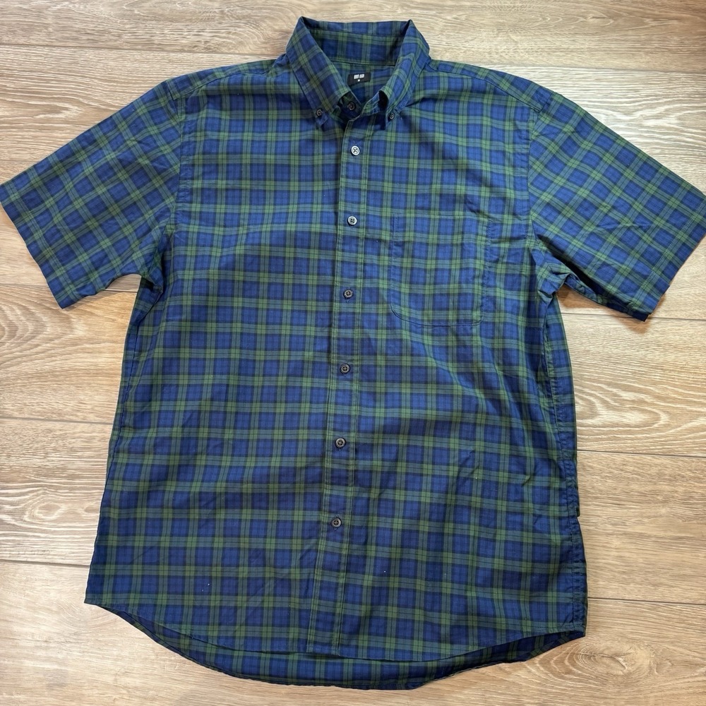 Uniqlo‎ Men's Medium Blue Green Plaid Short Sleeve Button Up Casual Shirt